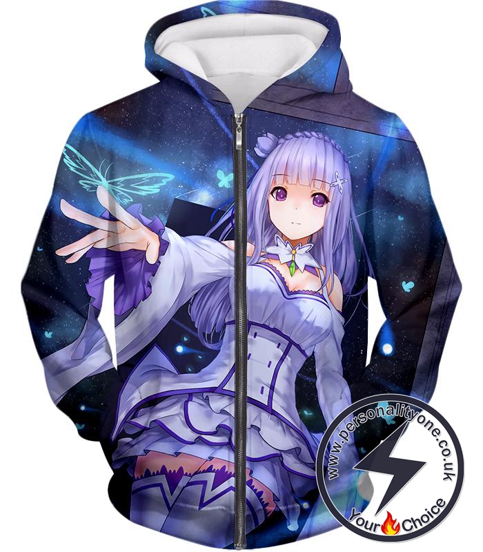 Re:Zero Beautiful Frost Witch Princess Emilia Cute Anime Zip Up Hoodie